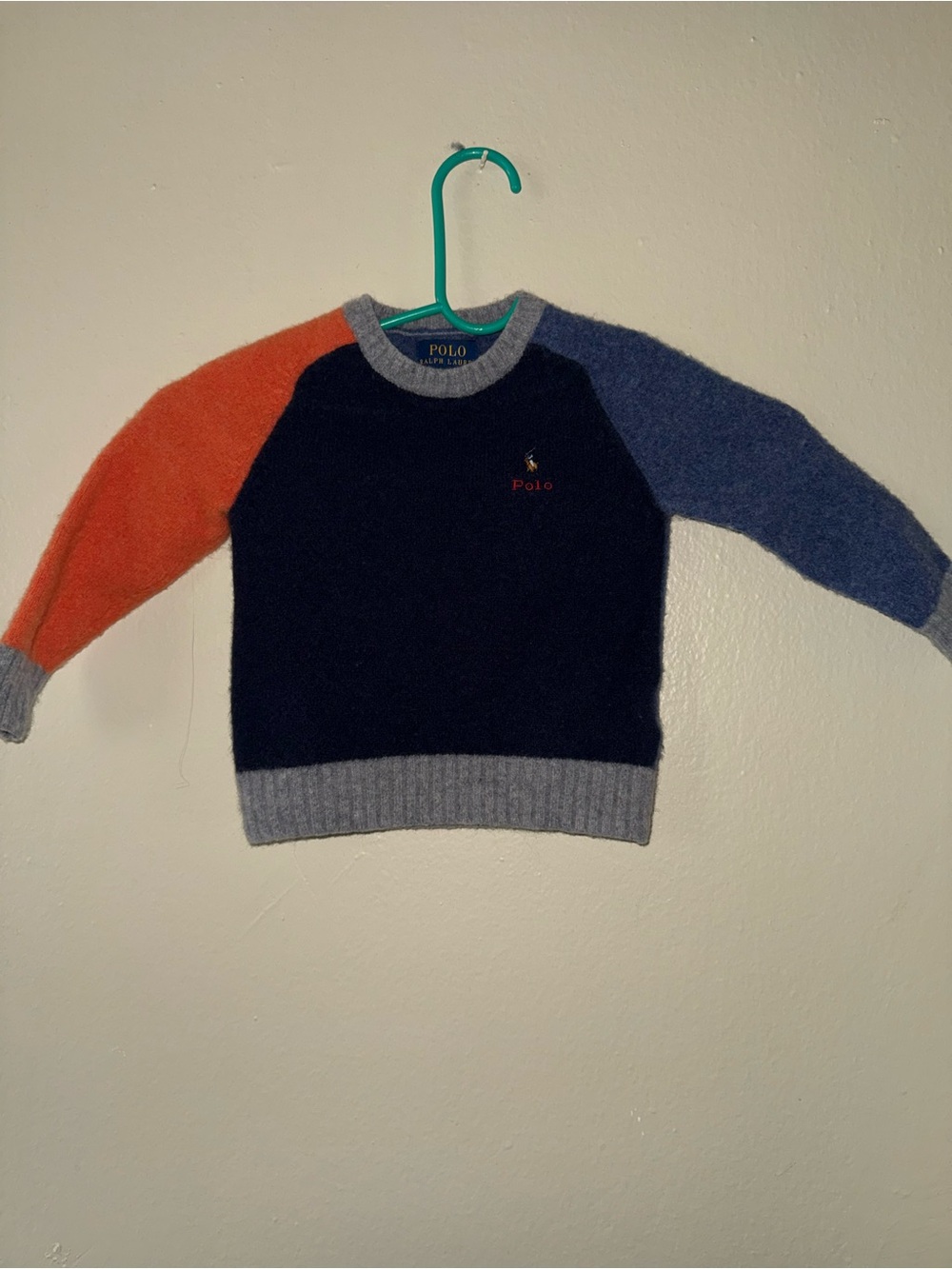 Polo by Ralph Lauren Navy Crewneck Sweater with Orange and Blue Raglan Sleeves
